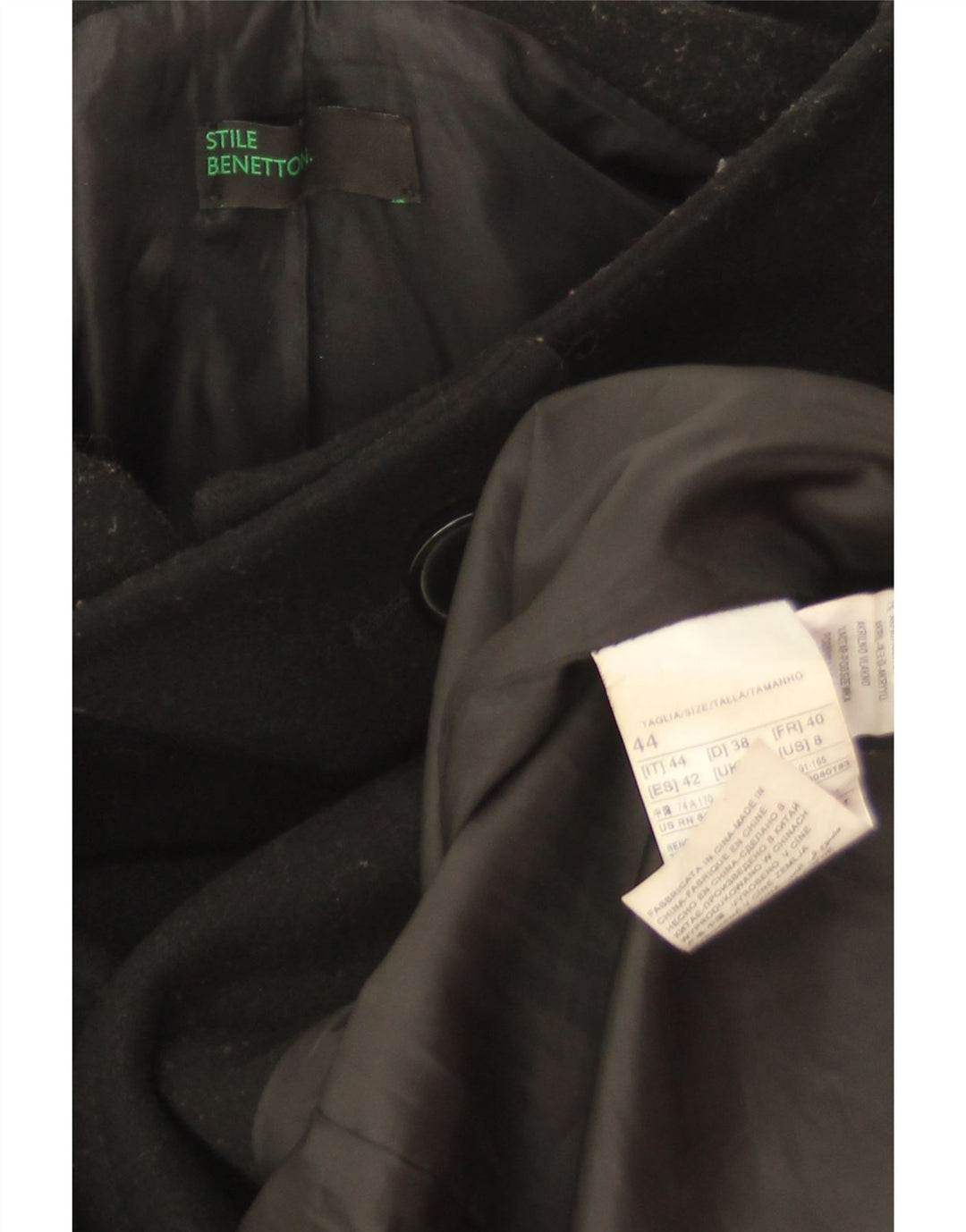 Benetton Womens Overcoat IT 44 Medium Black Wool