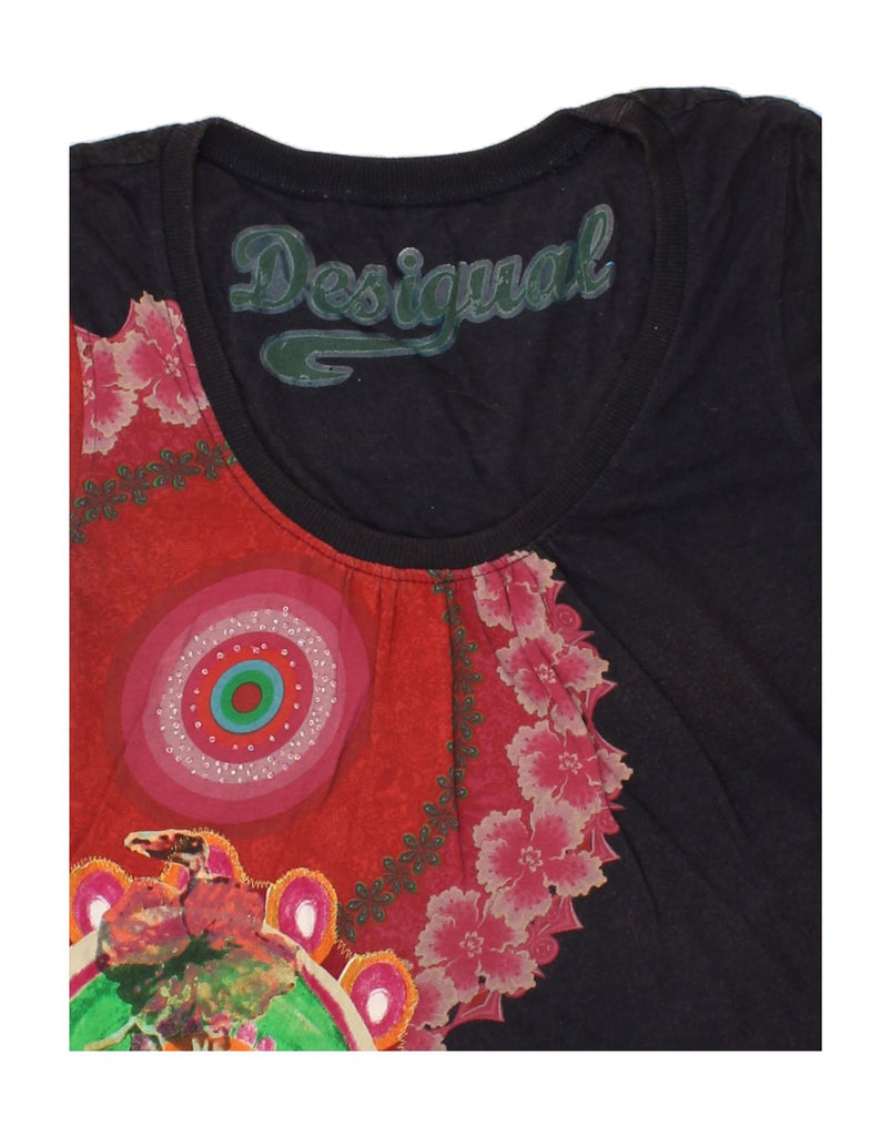 DESIGUAL Womens Crop Graphic T-Shirt Top UK 10 Small Navy Blue Floral Vintage Desigual and Second-Hand Desigual from Messina Hembry 