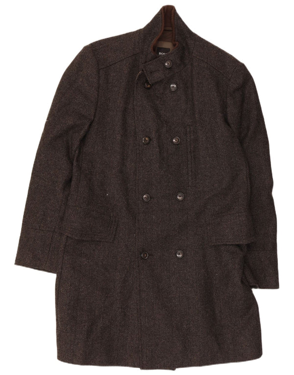 Hugo Boss Mens Double Breasted Coat EU 50 Large Grey Herringbone