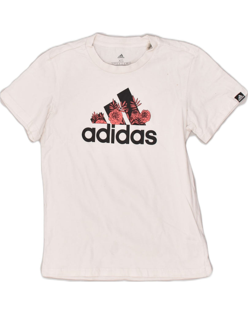 ADIDAS Womens Graphic T-Shirt Top UK 4-6 XS White Cotton | Vintage Adidas | Thrift | Second-Hand Adidas | Used Clothing | Messina Hembry 