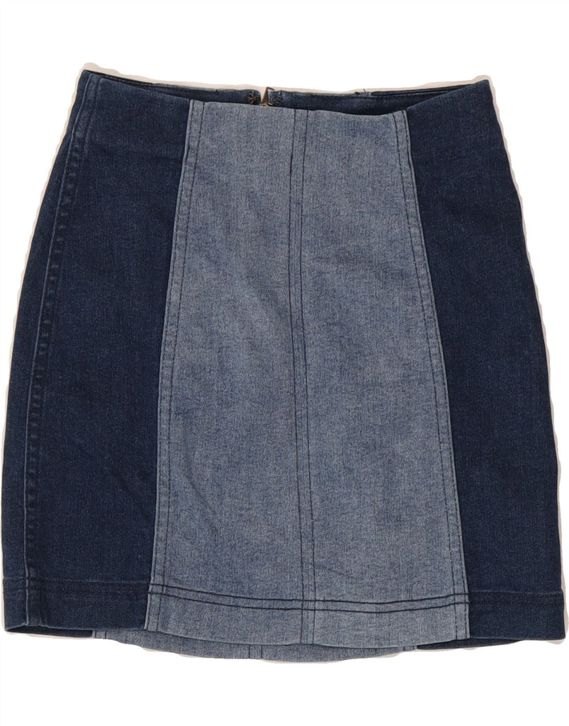 FREE PEOPLE Womens Denim Skirt W26 Small Blue Colourblock Cotton Vintage Free People and Second-Hand Free People from Messina Hembry 