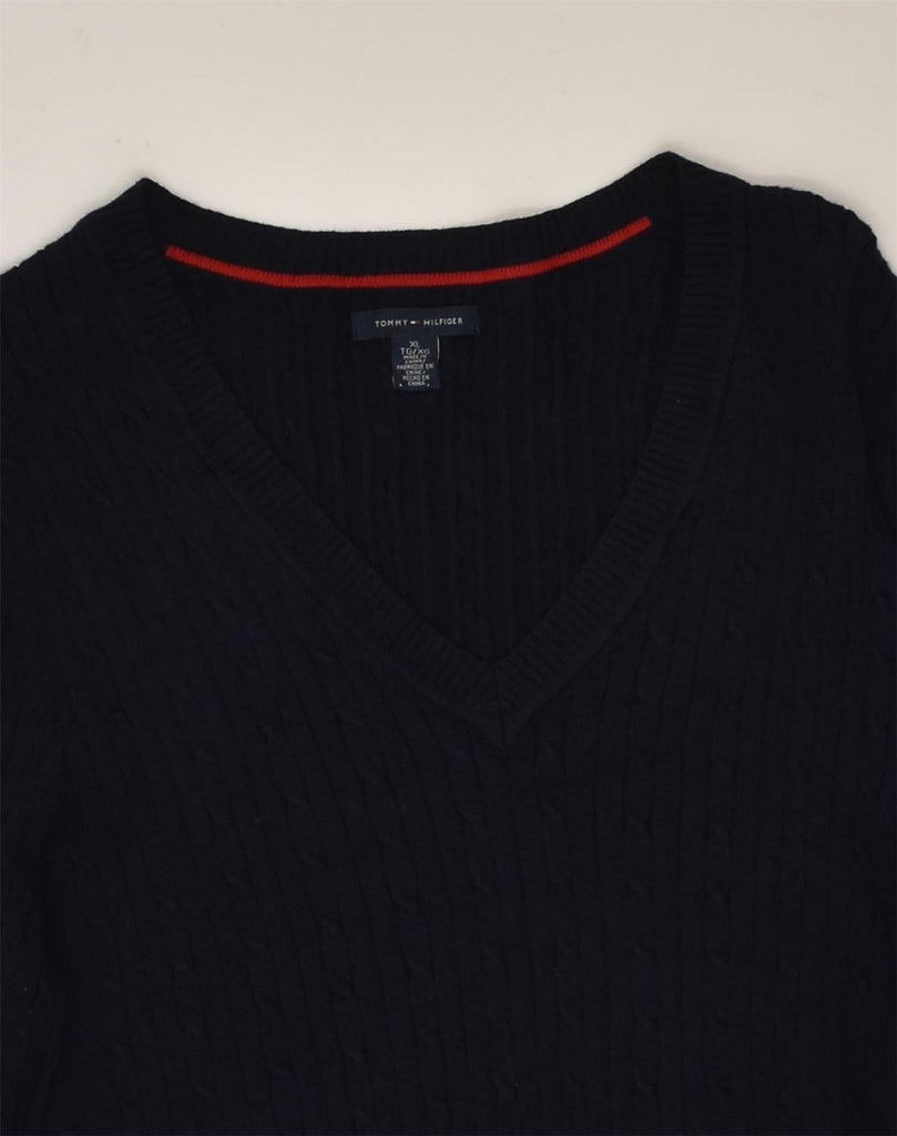 TOMMY HILFIGER Womens V-Neck Jumper Sweater UK 18 XL Navy Blue Cotton | Vintage Tommy Hilfiger | Thrift | Second-Hand Tommy Hilfiger | Used Clothing | Messina Hembry 