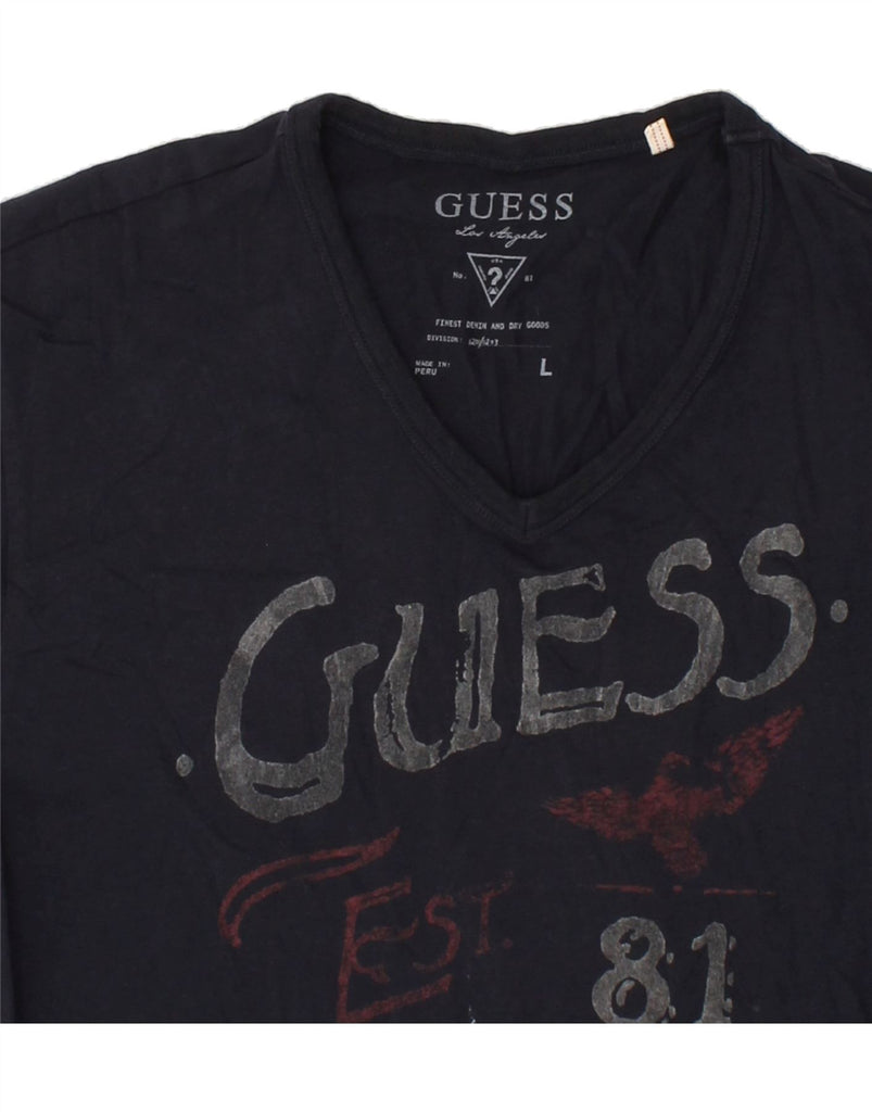 GUESS Womens Graphic T-Shirt Top UK 14 Large Navy Blue Cotton Vintage Guess and Second-Hand Guess from Messina Hembry 