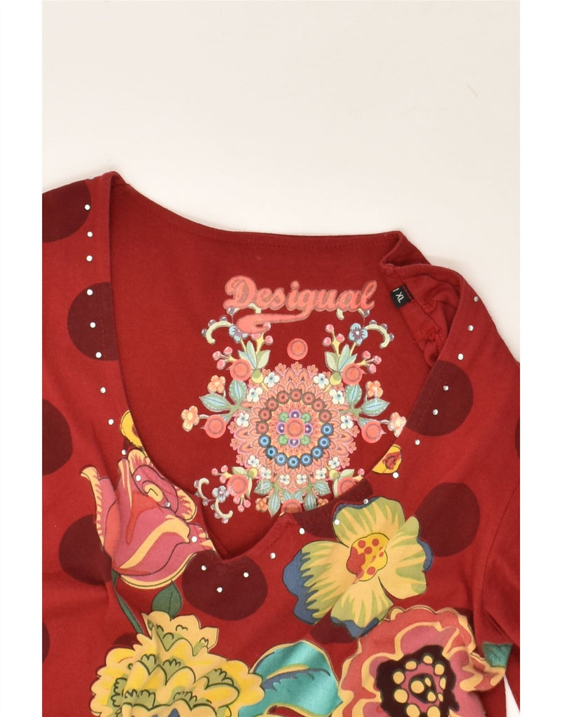 DESIGUAL Womens Graphic Long Sleeve Tunic Top UK 18 XL Red Floral Cotton | Vintage Desigual | Thrift | Second-Hand Desigual | Used Clothing | Messina Hembry 