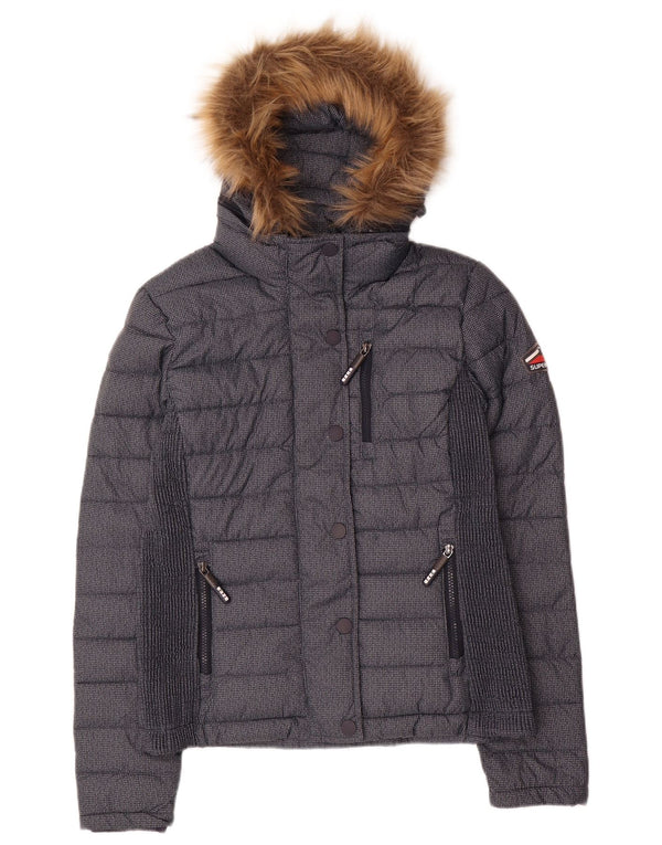 Superdry Womens Hooded Padded Jacket UK 12 Medium Navy Blue Polyester