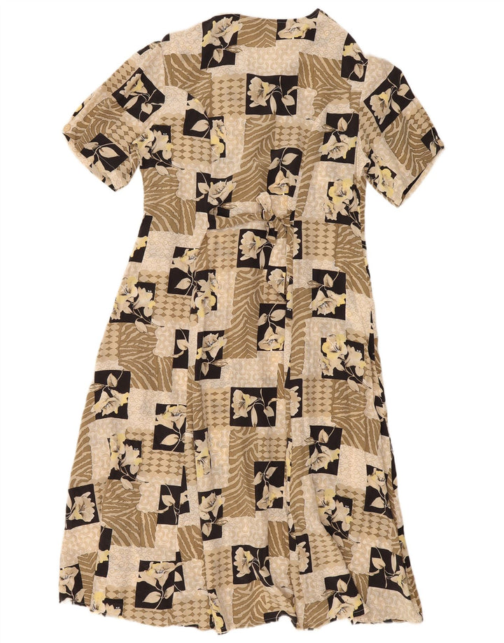 Vintage Womens Tea Dress UK 14 Medium Beige Patchwork Silk