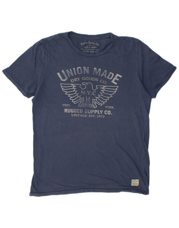 Jack & Jones Mens Graphic T-Shirt Top Large Navy Blue Cotton