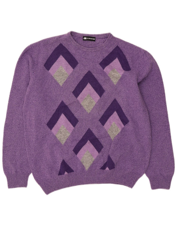 Il Granchio Mens Crew Neck Jumper Sweater XL Purple Argyle/Diamond Wool