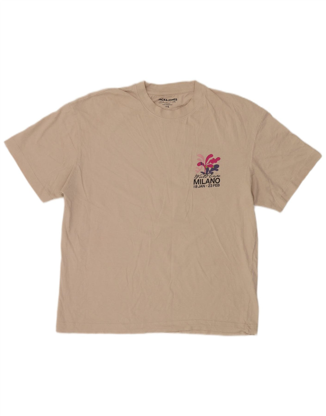 JACK & JONES Mens Graphic T-Shirt Top Large Beige Cotton