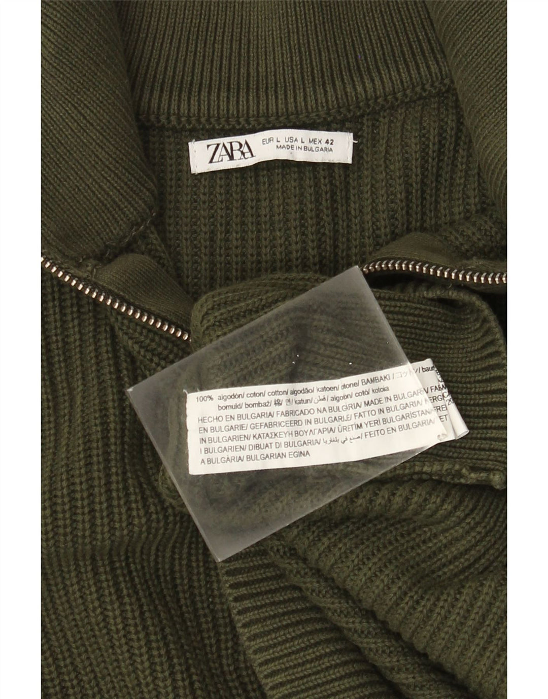 ZARA Mens Zip Neck Jumper Sweater Large Green Cotton