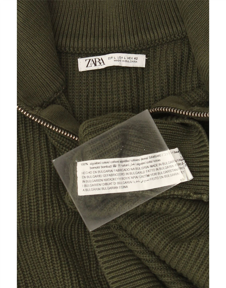 ZARA Mens Zip Neck Jumper Sweater Large Green Cotton