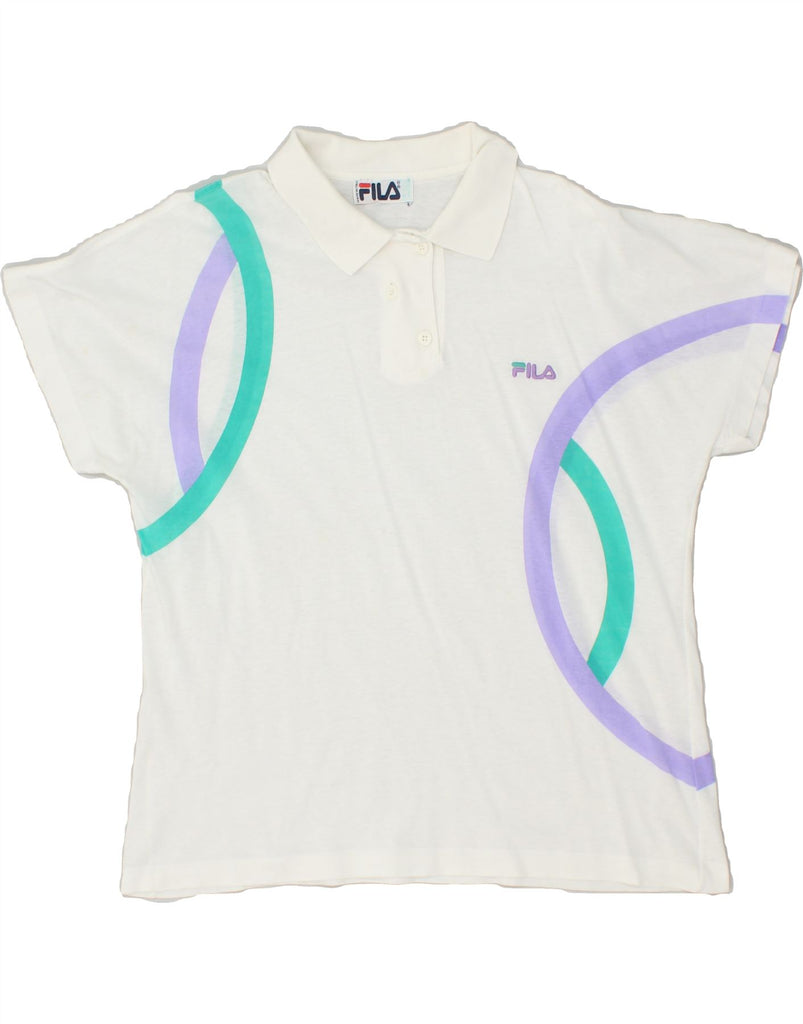 FILA Mens Graphic Polo Shirt IT 44 Medium White Geometric | Vintage Fila | Thrift | Second-Hand Fila | Used Clothing | Messina Hembry 