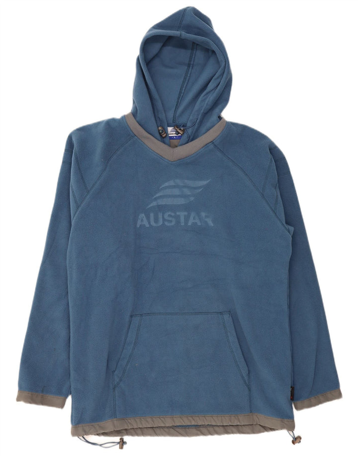 VINTAGE Mens Fleece Graphic Hoodie Jumper Large Blue Polyester