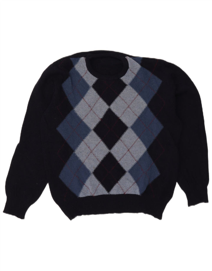 Vintage Mens Crew Neck Jumper Sweater Large Navy Blue Argyle/Diamond