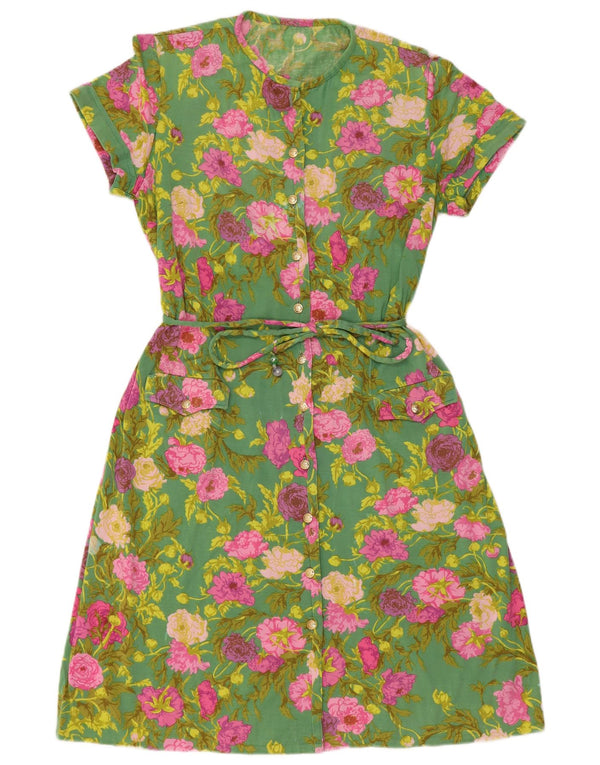 Vintage Womens Short Sleeves Shirt Dress UK 16 Large Green Floral