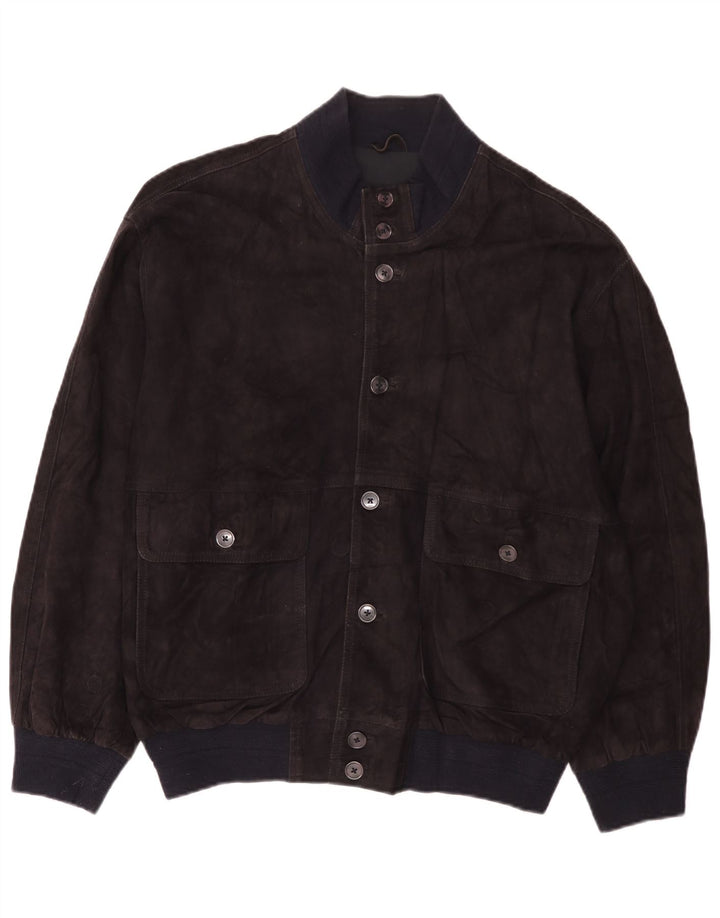 Vintage Mens Suede Loose Fit Bomber Jacket IT 48 Medium Navy Blue Leather