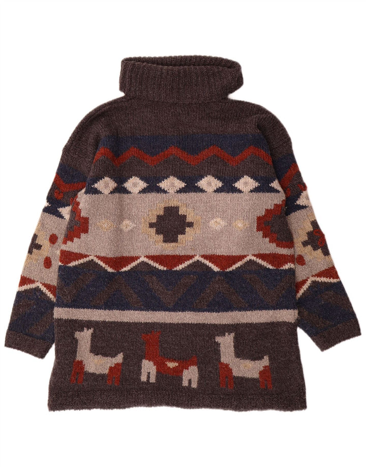 Vintage Mens Roll Neck Jumper Sweater One Size Grey Geometric Acrylic