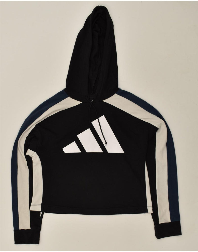 ADIDAS Womens Graphic Crop Hoodie Jumper UK 8/10 Small Black Cotton | Vintage Adidas | Thrift | Second-Hand Adidas | Used Clothing | Messina Hembry 