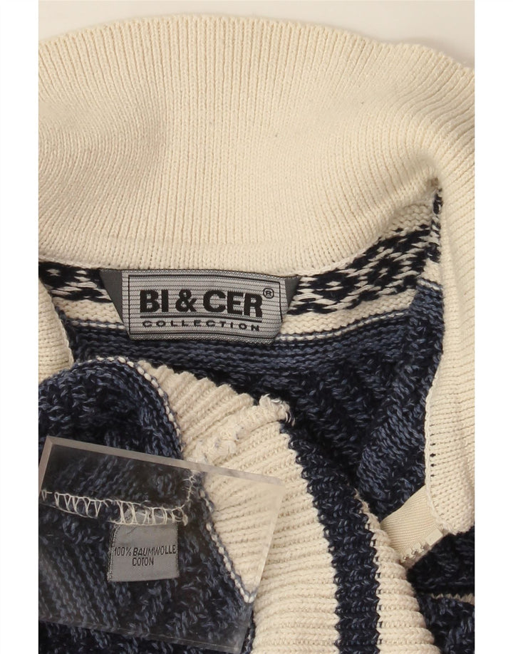 VINTAGE Mens Polo Neck Jumper Sweater Medium Navy Blue Fair Isle Cotton