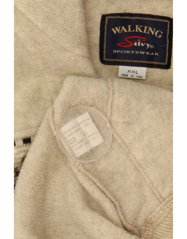 Silvy Mens Zip Neck Fleece Jumper 2XL Beige Geometric Wool