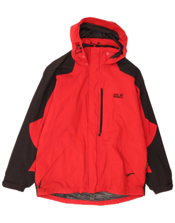 Jack Wolfskin Mens Hooded Loose Fit Rain Jacket UK 34 Small Red Colourblock