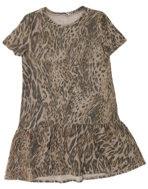 Zara Womens Drop Waist Dress UK 10 Small Grey Animal Print