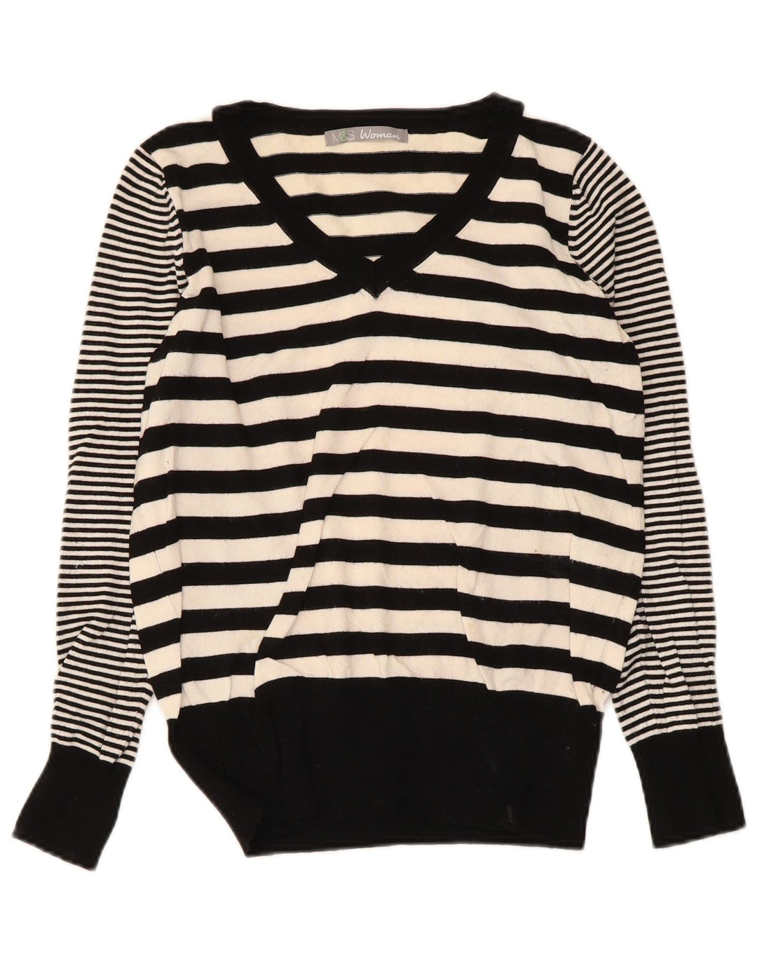 Marks & Spencer Womens V-Neck Jumper Sweater UK 10 Small Black Striped