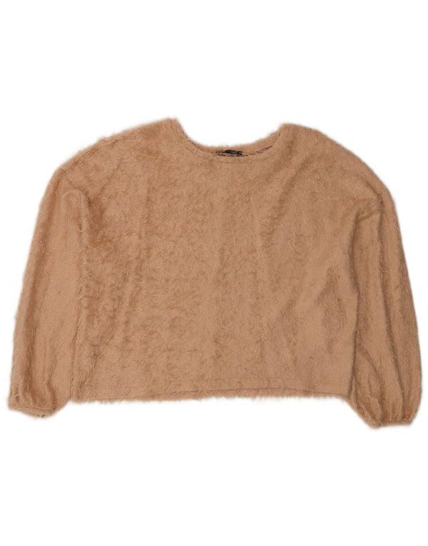 Zara Womens Crop Oversized Crew Neck Jumper Sweater UK 16 Large Beige