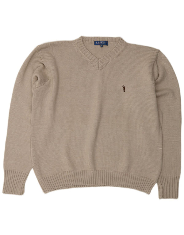 Vintage Mens V-Neck Jumper Sweater XL Grey Merino Wool