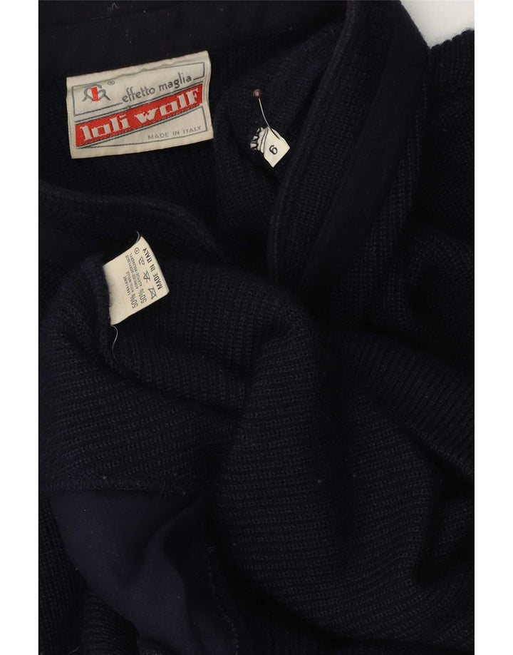 Loli Wolf Mens Regular Fit Cardigan Sweater Medium Navy Blue Wool