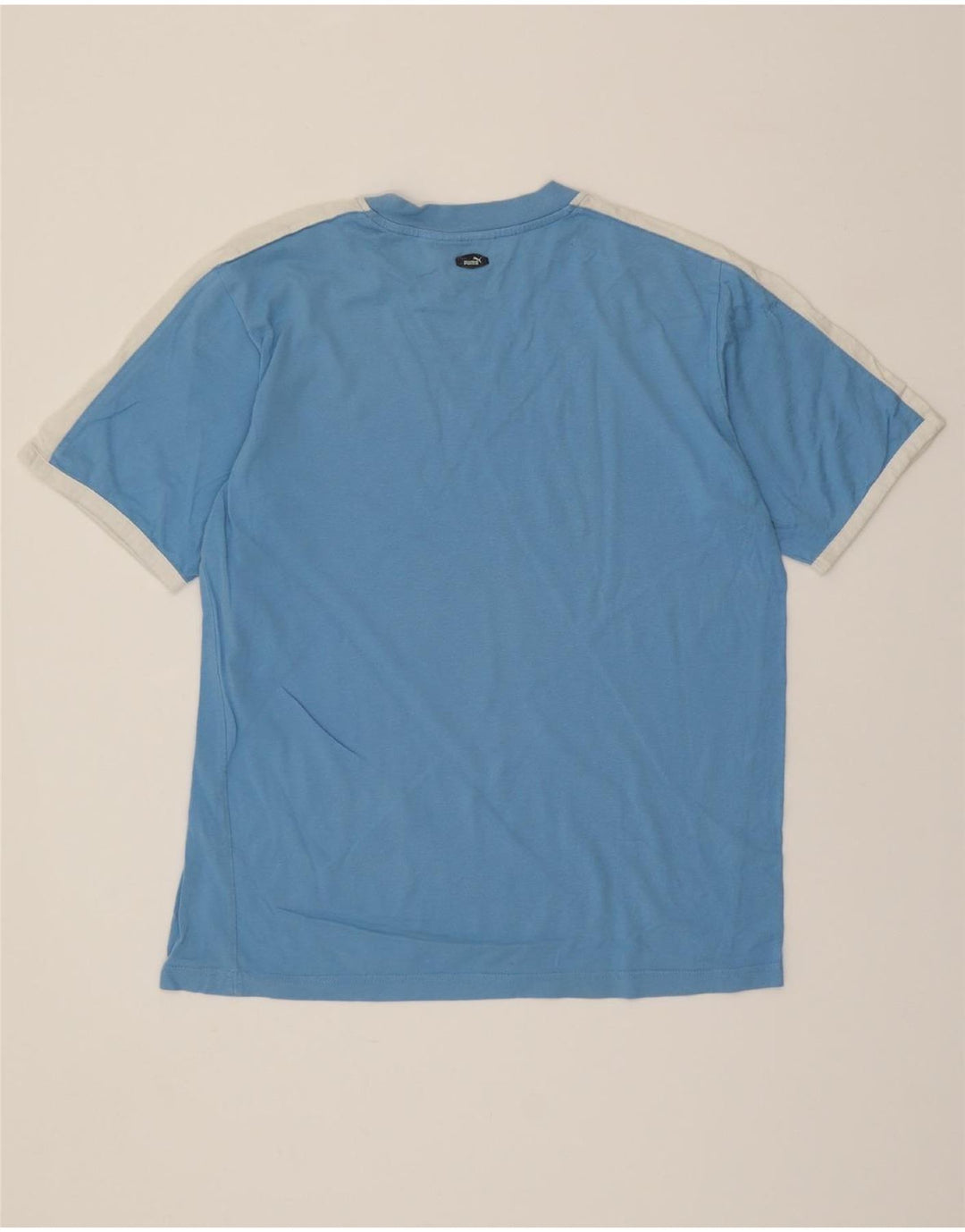 PUMA Mens Graphic T-Shirt Top Medium Blue Colourblock Cotton Vintage Puma and Second-Hand Puma from Messina Hembry 