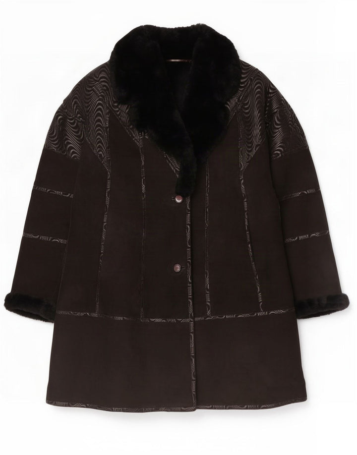 Vintage Womens Shearling Coat EU 44 XL Black Geometric