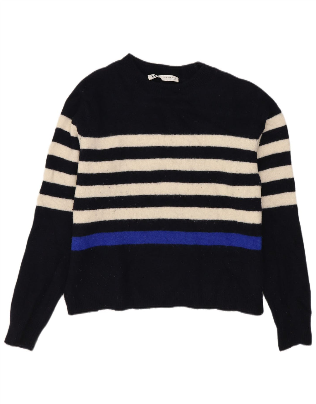 Zara Womens Boat Neck Jumper Sweater UK 14 Medium Navy Blue Striped Wool