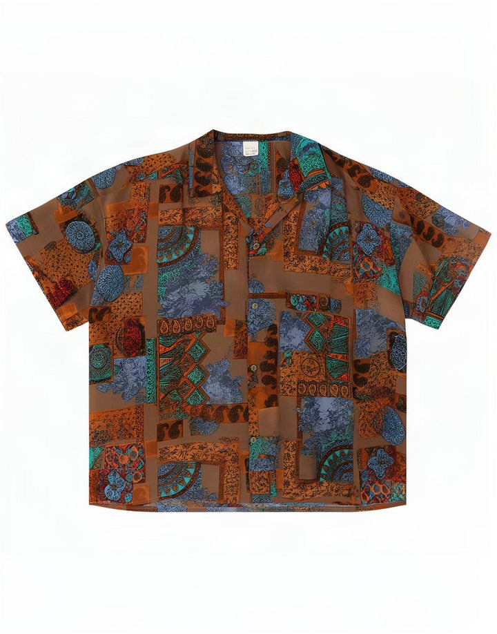 Vintage Womens Short Sleeve Shirt Blouse UK 20 2XL Brown Patchwork Silk