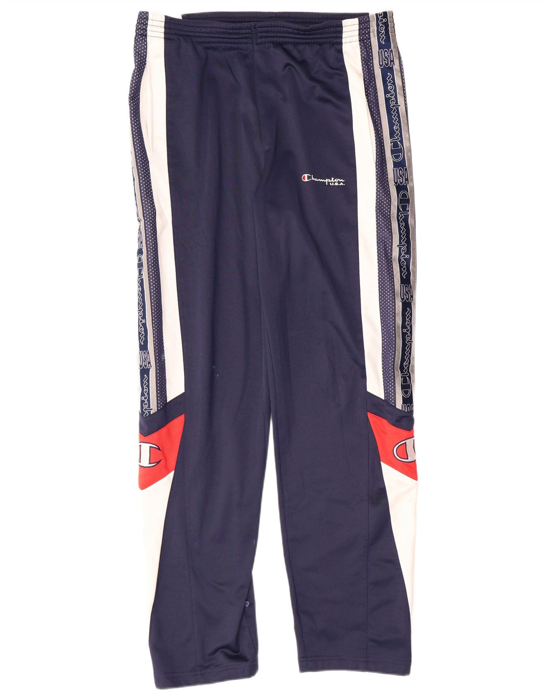 CHAMPION Mens Graphic Tracksuit Trousers Small  Navy Blue Colourblock