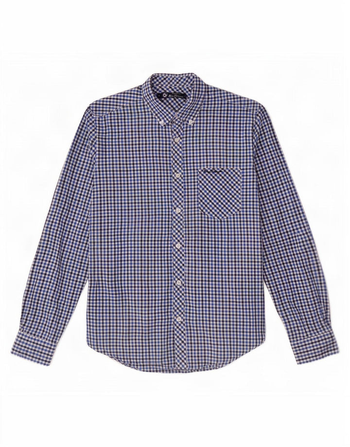 Ben Sherman Mens Shirt Small Navy Blue Gingham Cotton