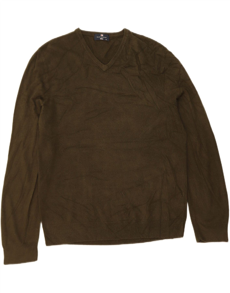 MARKS & SPENCER Mens Blue Harbour V-Neck Jumper Sweater XL Khaki Acrylic Vintage Marks & Spencer and Second-Hand Marks & Spencer from Messina Hembry 