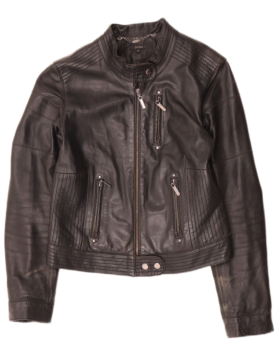 Jones Womens Crop Leather Biker Jacket EU 38 Medium Black Leather