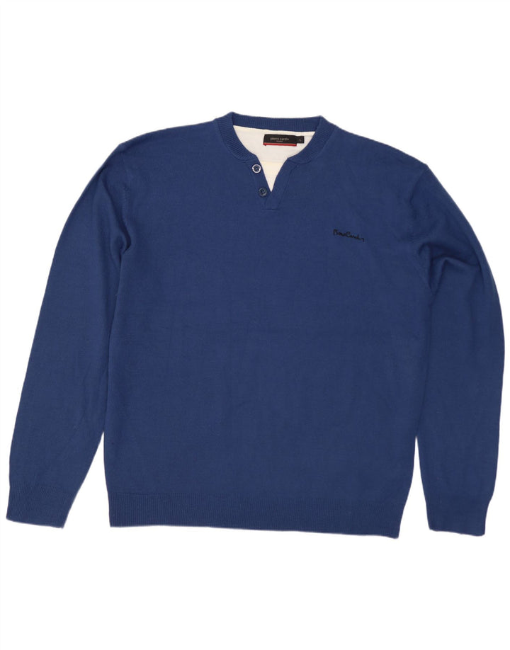 Pierre Cardin Mens Button Neck Jumper Sweater Large Blue Acrylic