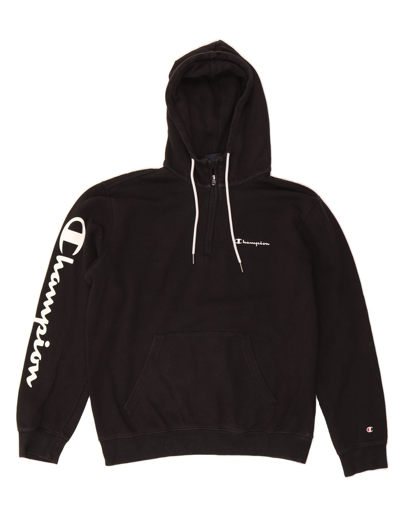 CHAMPION Mens Graphic Zip Neck Hoodie Jumper Large Black Cotton