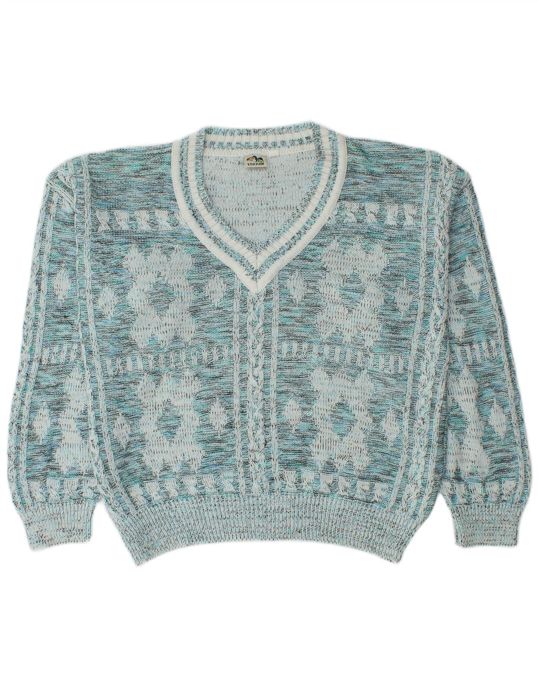 Vintage Mens V-Neck Jumper Sweater IT 52 Large Blue Geometric Cotton