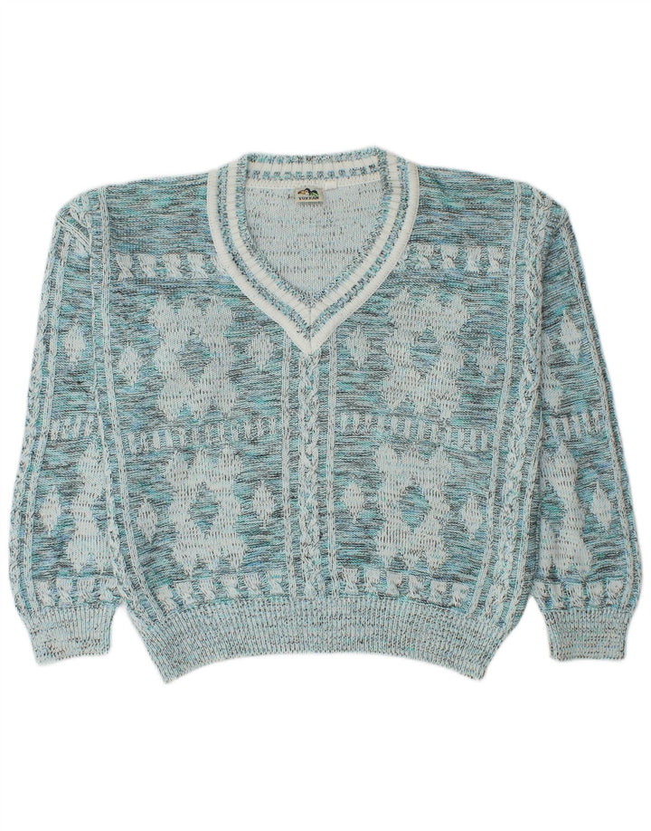 Vintage Mens V-Neck Jumper Sweater IT 52 Large Blue Geometric Cotton