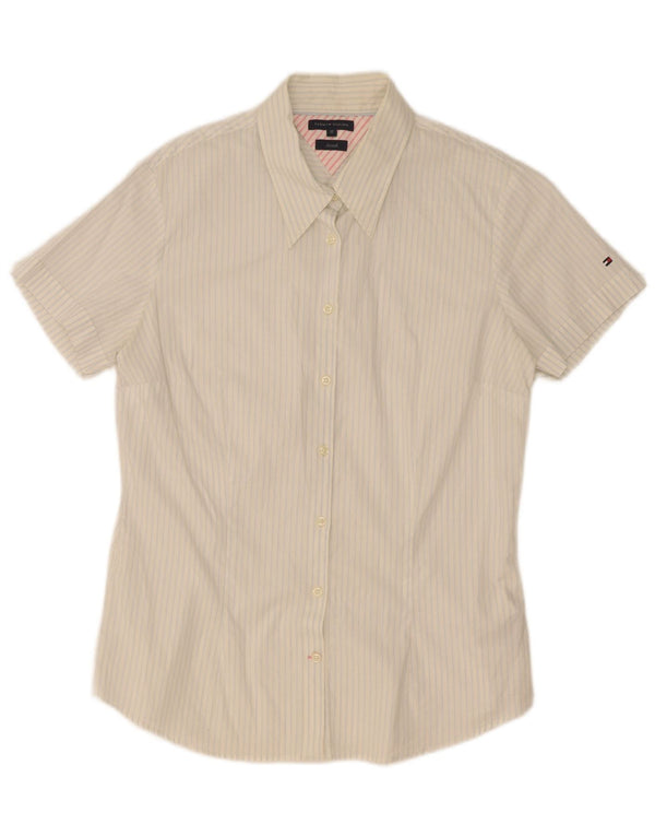 Tommy Hilfiger Womens Short Sleeve Shirt US 12 Large White Striped Cotton