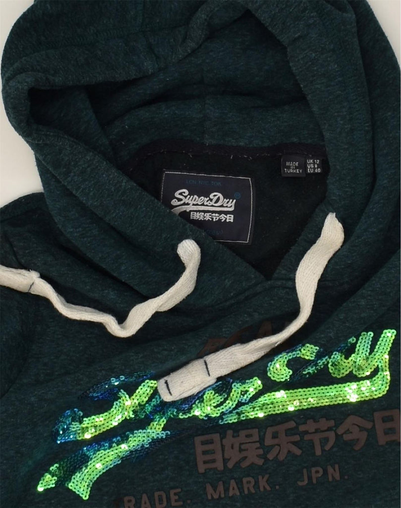 SUPERDRY Womens Graphic Hoodie Jumper UK 12 Medium Green Cotton | Vintage Superdry | Thrift | Second-Hand Superdry | Used Clothing | Messina Hembry 