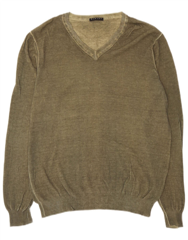 Sisley Mens V-Neck Jumper Sweater Large Khaki