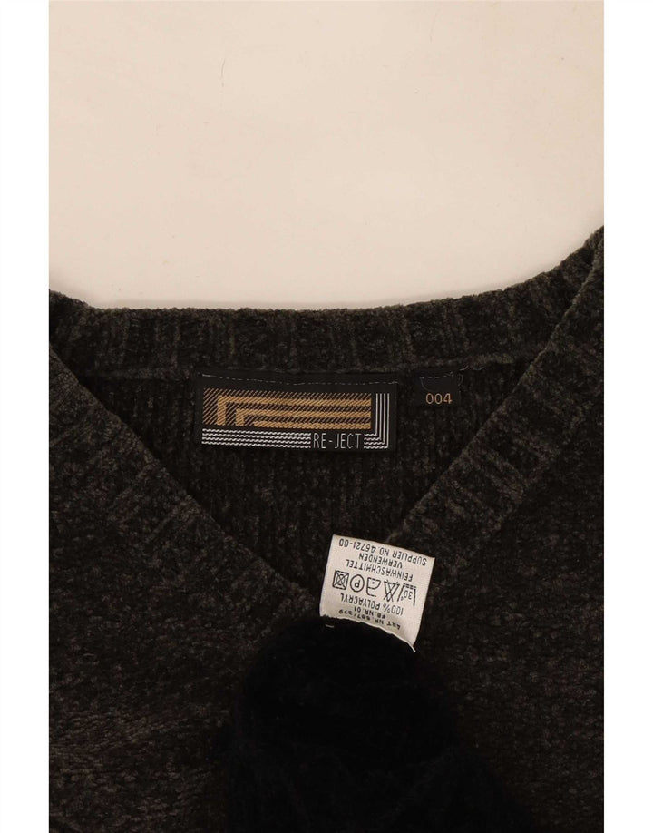 Vintage Mens Velour V-Neck Jumper Sweater Large Grey Colourblock