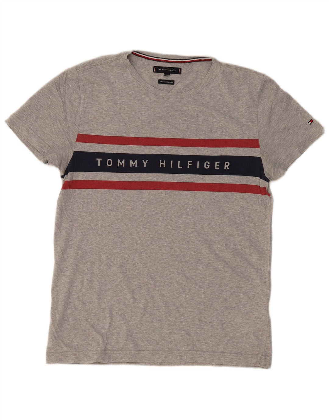 TOMMY HILFIGER Mens Graphic T-Shirt Top Small Grey Colourblock Cotton