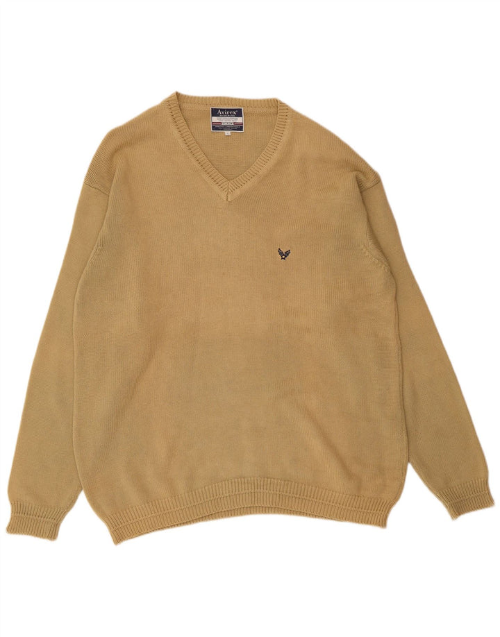 Avirex Mens V-Neck Jumper Sweater Large Beige Cotton
