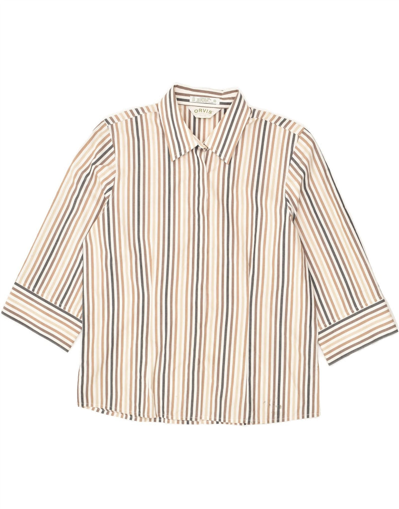 ORVIS Womens 3/4 Sleeve Shirt UK 12 Medium Beige Striped Cotton | Vintage Orvis | Thrift | Second-Hand Orvis | Used Clothing | Messina Hembry 