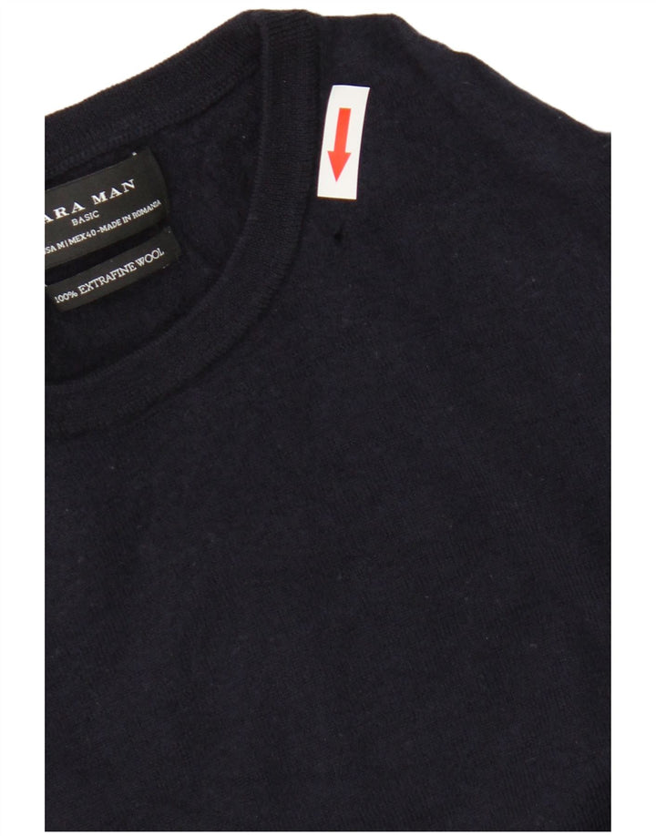Zara Mens Crew Neck Jumper Sweater Medium Navy Blue Wool